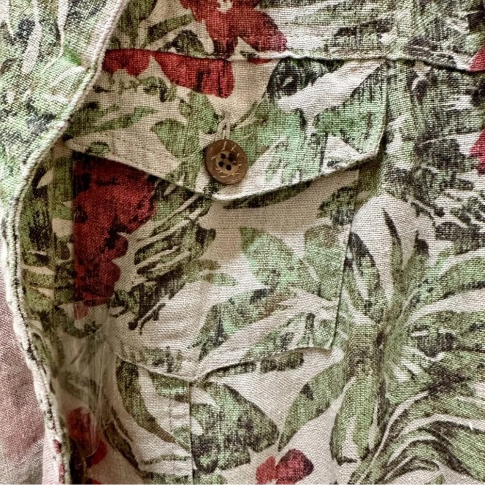 Charter Club 100% Linen Tropical Floral Jacket Medium Hibiscus Green Red